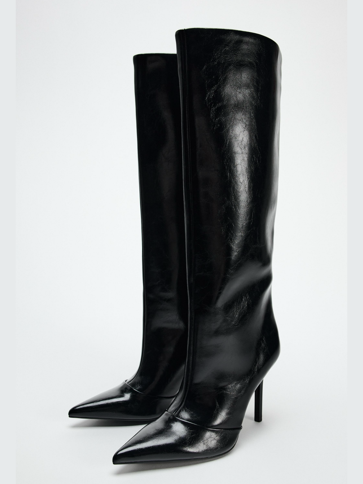 Black Pointed-Toe Full-Zip Mid Calf Stiletto Boots