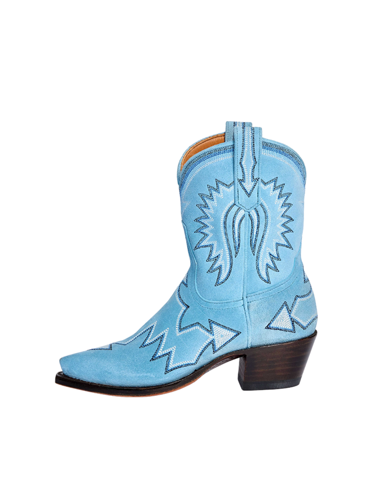 Powder Blue Faux Suede Snip-Toe Embroidery Ankle Cowgirl Boots