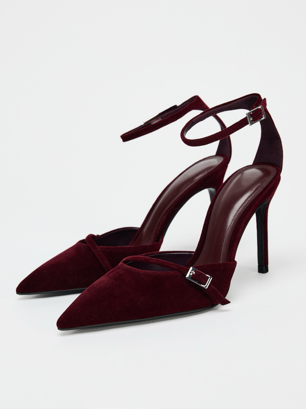 Wine Red Velvet Pointed-Toe Front Strap Pump High Heels With Buckled Ankle Strap