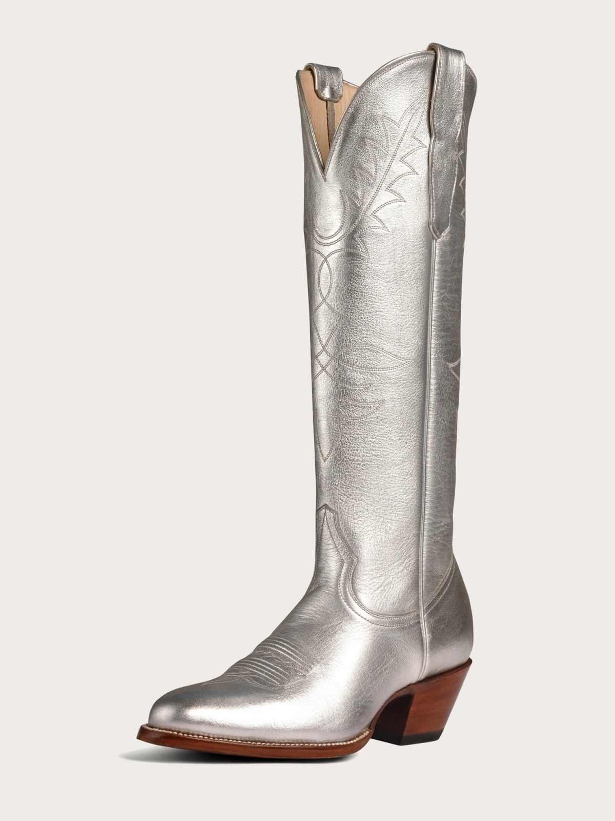 Metallic Silver Round-Toe Embroidery Wide Mid Calf Western Boots