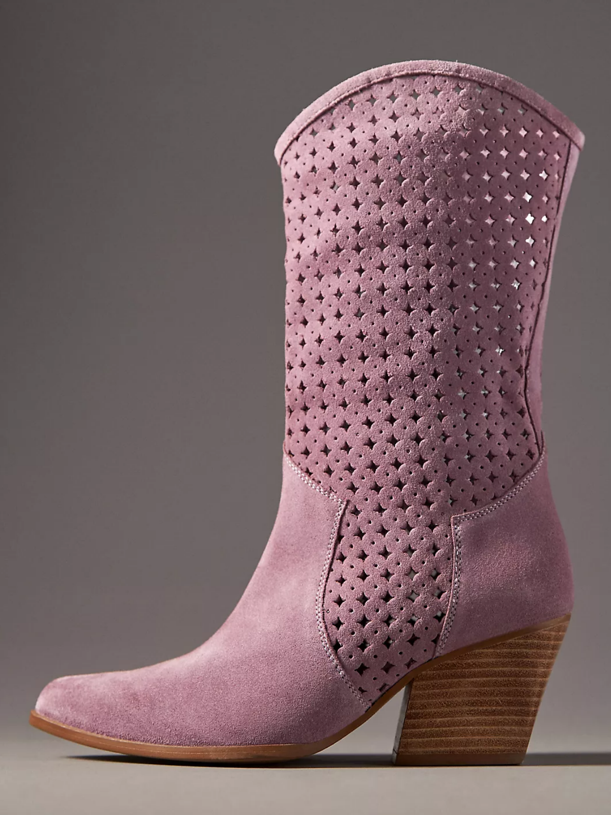 Lavender Faux Suede Almond-Toe Hollow-Out Wide Mid Calf Cowgirl Boots