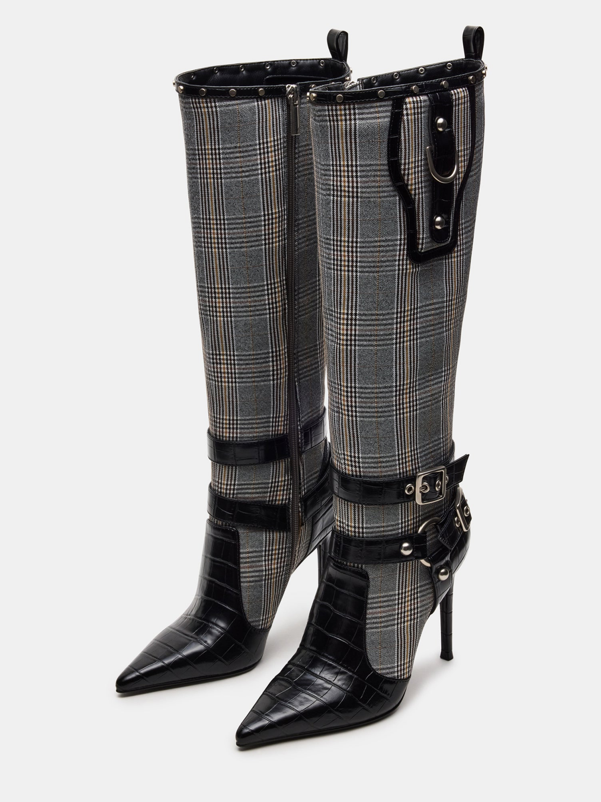 Contrast Black Crocodile-Embossed And Plaid Fabric Pointed-Toe Full-Zip Mid Calf Stiletto Boots With Buckle