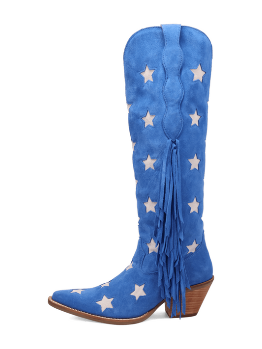 Fringe Faux Suede Snip-Toe Stars Inlay Wide Calf Knee High Cowgirl Boots - Blue