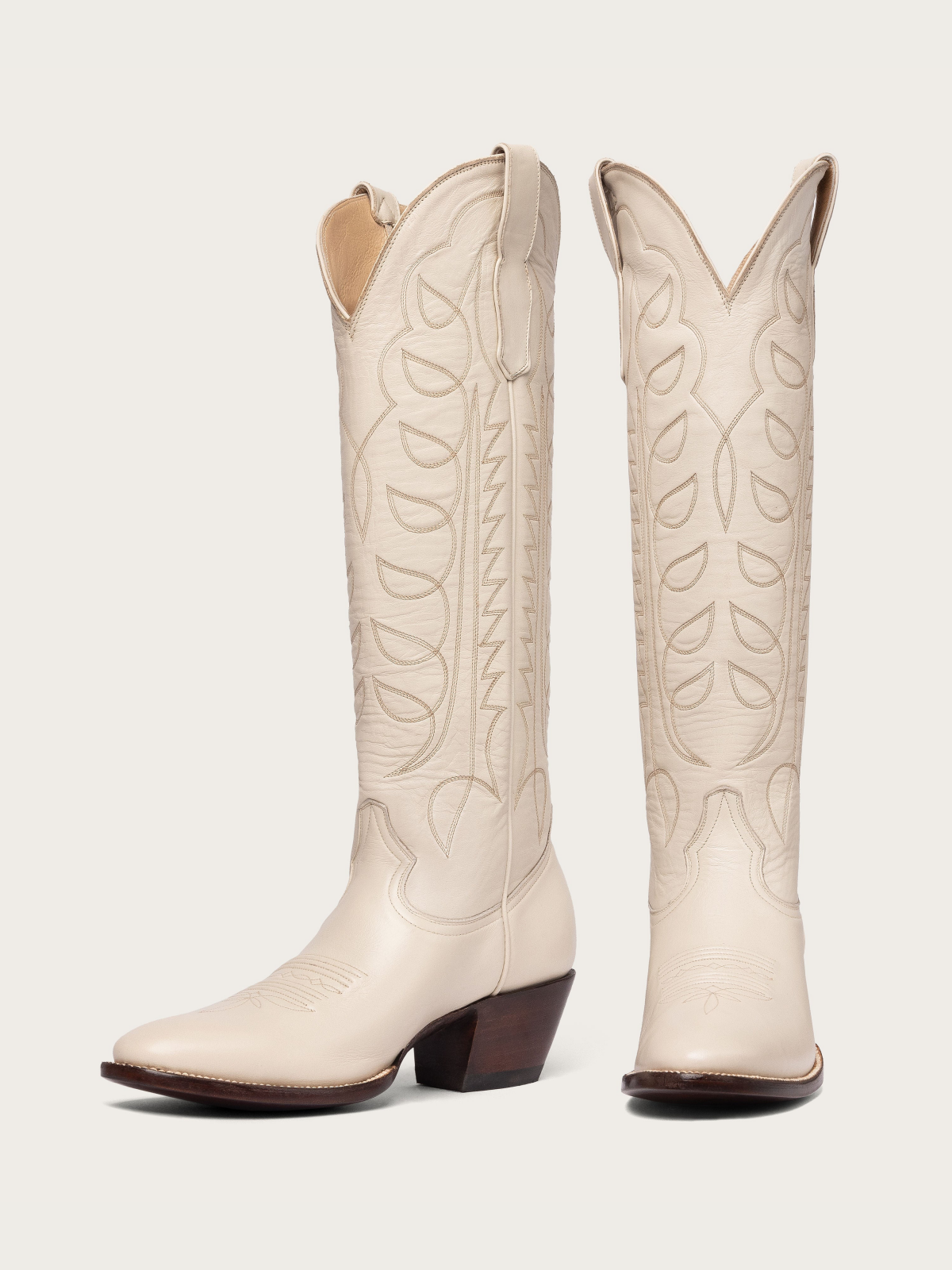 Bone Embroidery Almond-Toe Wide Mid Calf Tall Cowboy Boots For Women