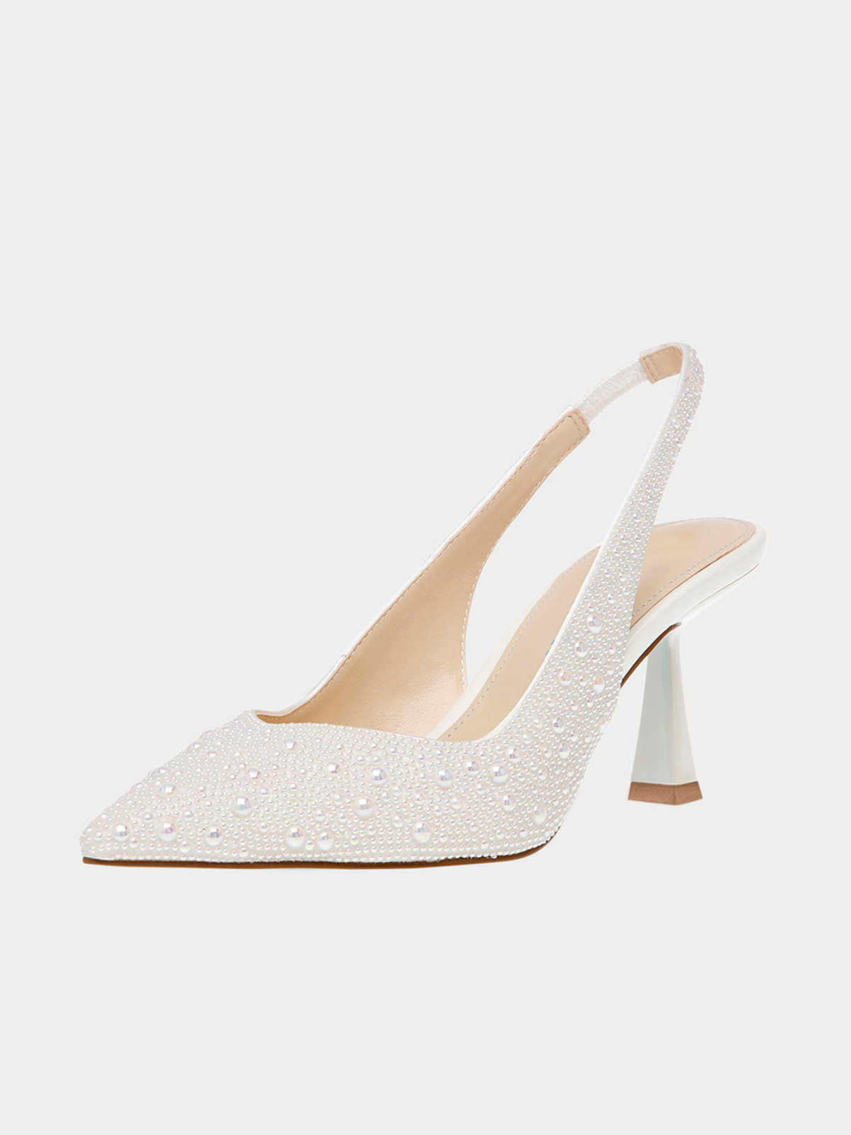 Ivory Faux Suede Pointed-Toe Rhinestone Slingback Kitten Heels