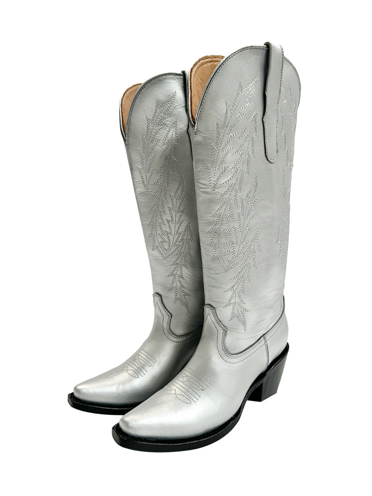 Metallic Snip-Toe Leaf Embroidery Half-Zip Mid Calf Tall Cowgirl Boots - Silver