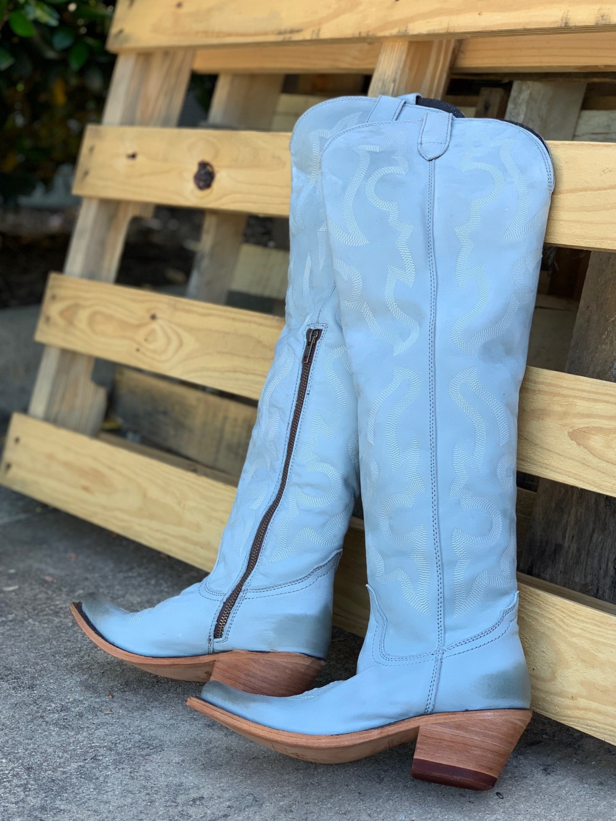 Light Blue Embroidery Pointed-Toe Half-Zip Over-The-Knee Cowgirl Boots