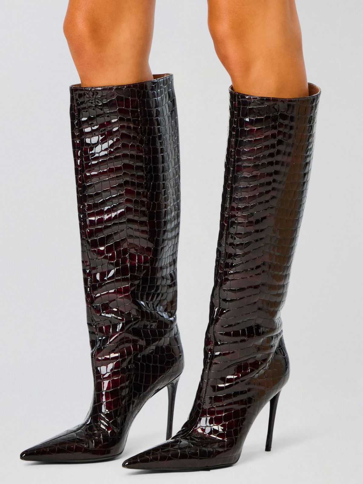 Patent Burgundy Crocodile Print Wide Calf Tall Knee High Boots