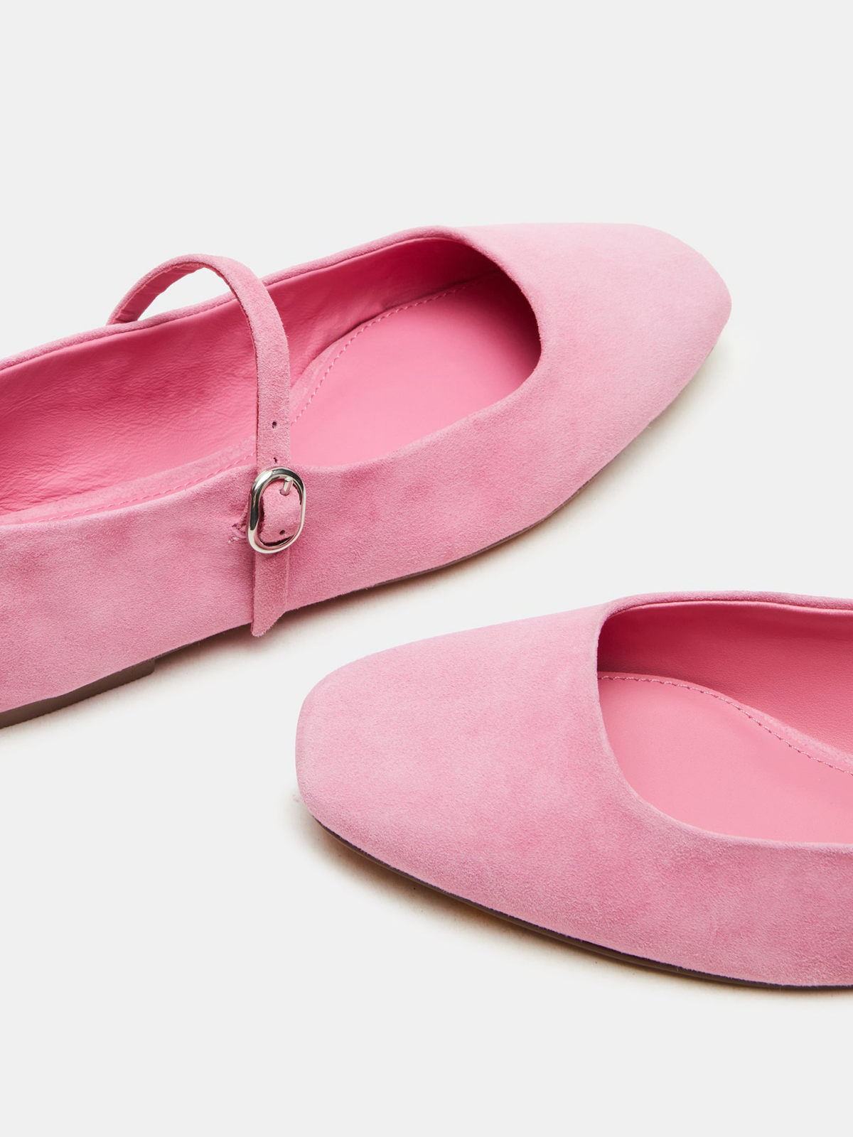 Pink Faux Suede Square-Toe Mary Janes Ballet Flats With Bridge Strap