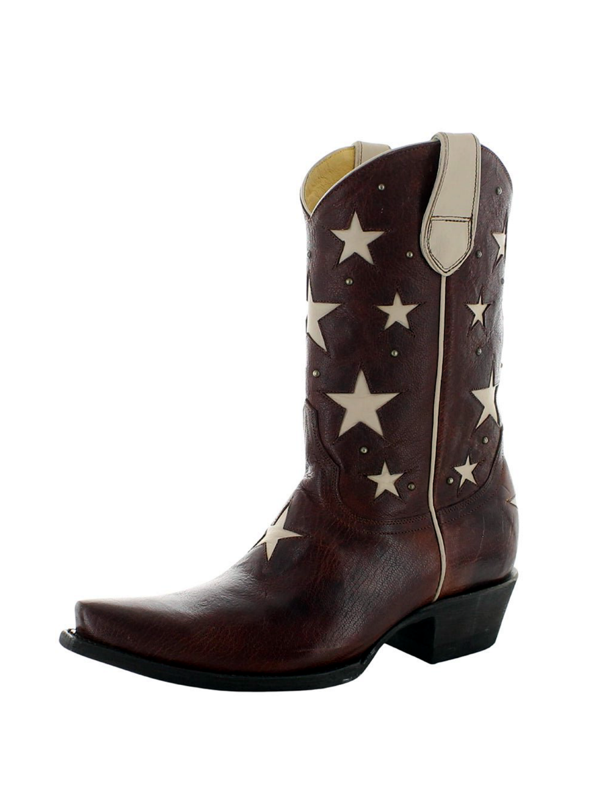 Dark Brown Snip-Toe Studded White Star Inlay Wide Mid Calf Cowgirl Boots