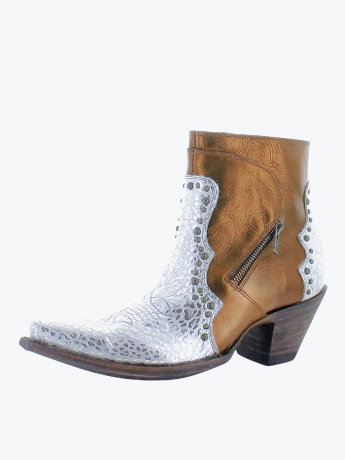 Metallic Contrast Bronze And Cheetah Print Silver Snip-Toe Studded Full-Zip Ankle Booties