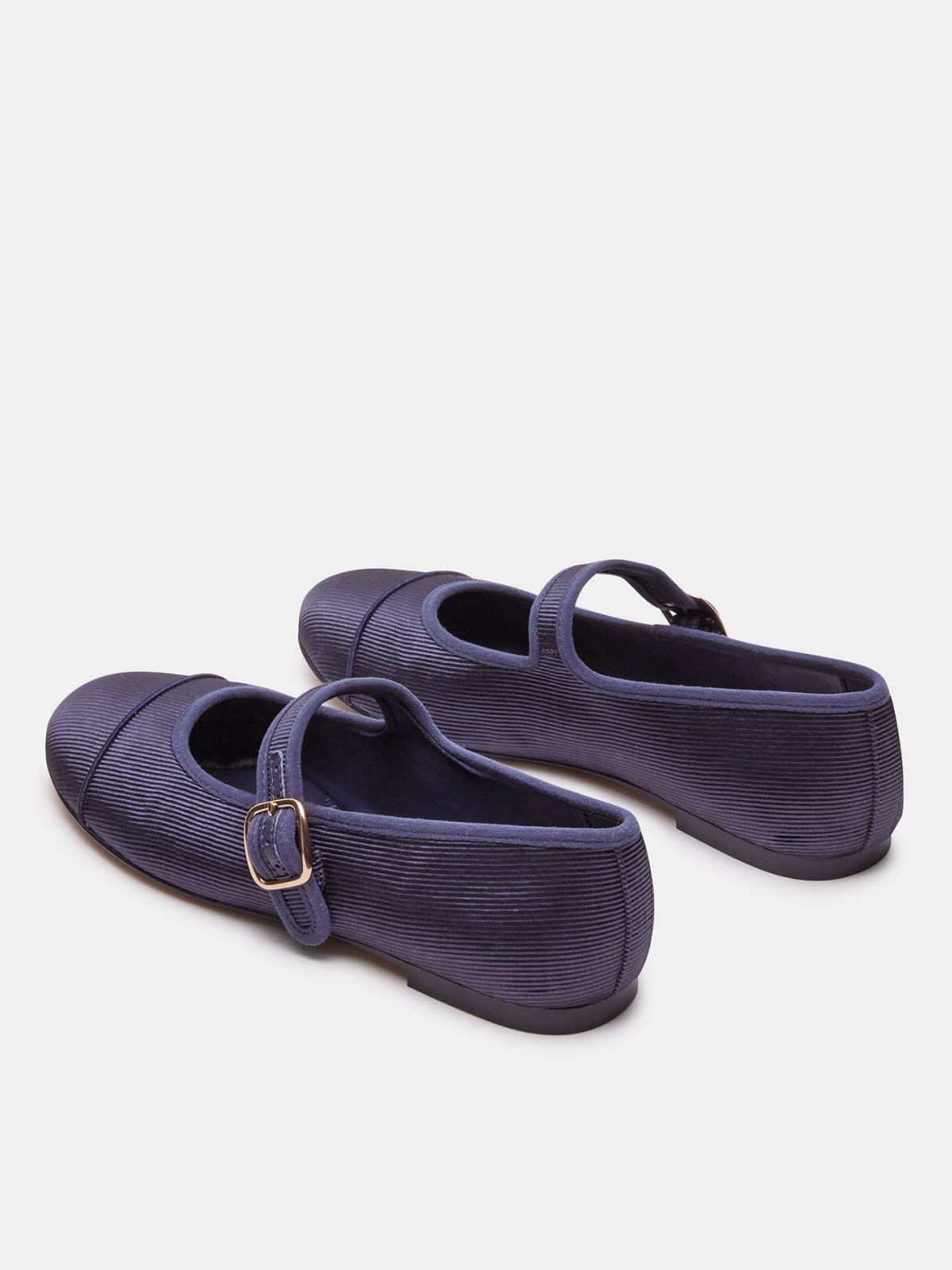 Navy Blue Cloth Round-Toe Bridge Strap Side Buckle Mary Janes Ballet Flats