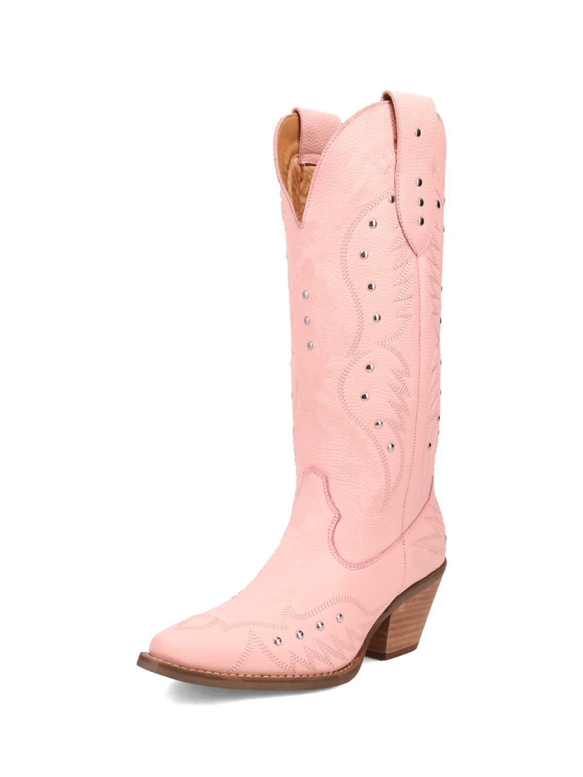 Pink Snip-Toe Embroidery Wide Mid Calf Cowgirl Boots With Studs