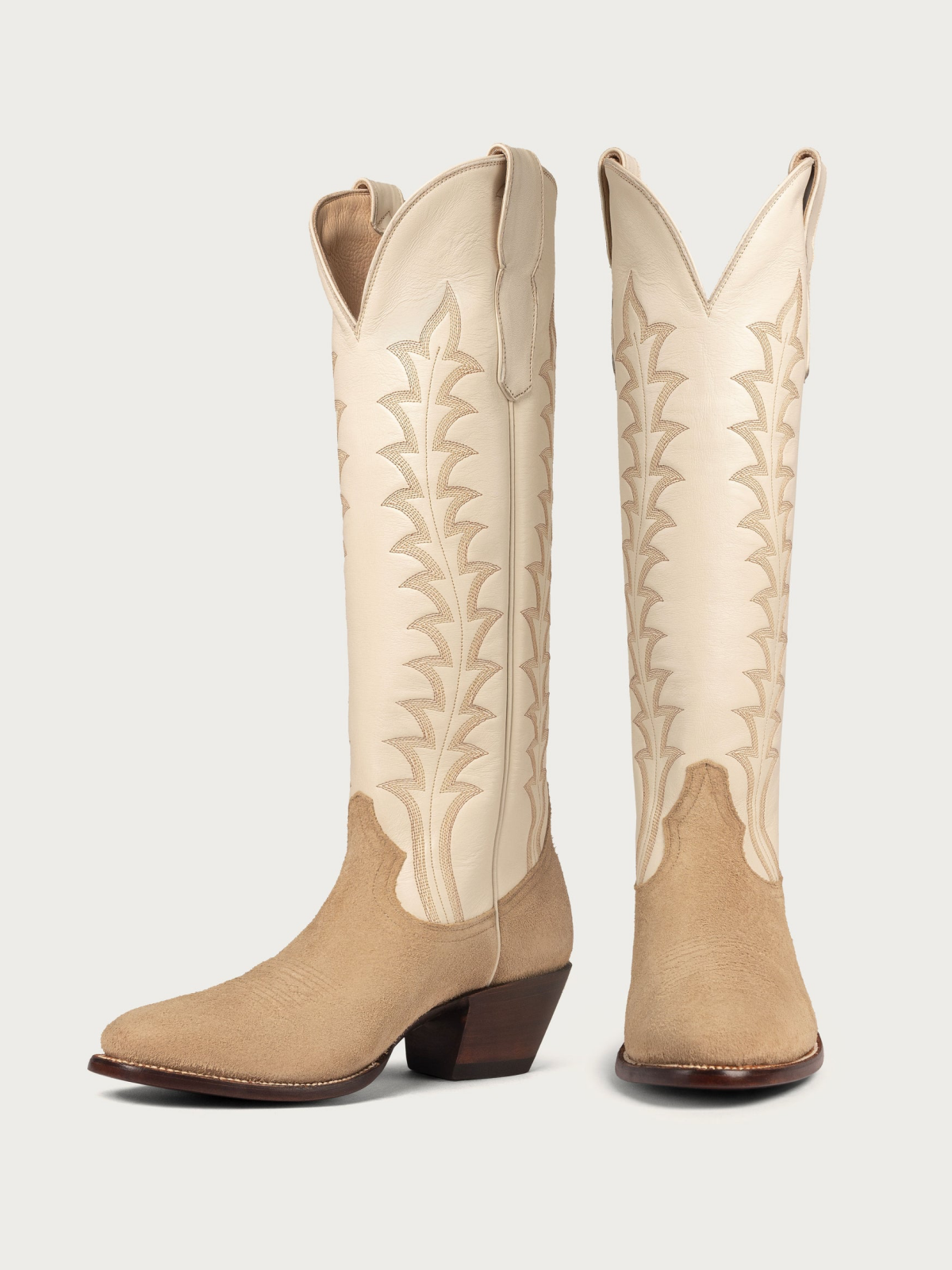 Contrast Tan Faux Suede And Bone Embroidery Almond-Toe Wide Mid Calf Tall Cowgirl Boots