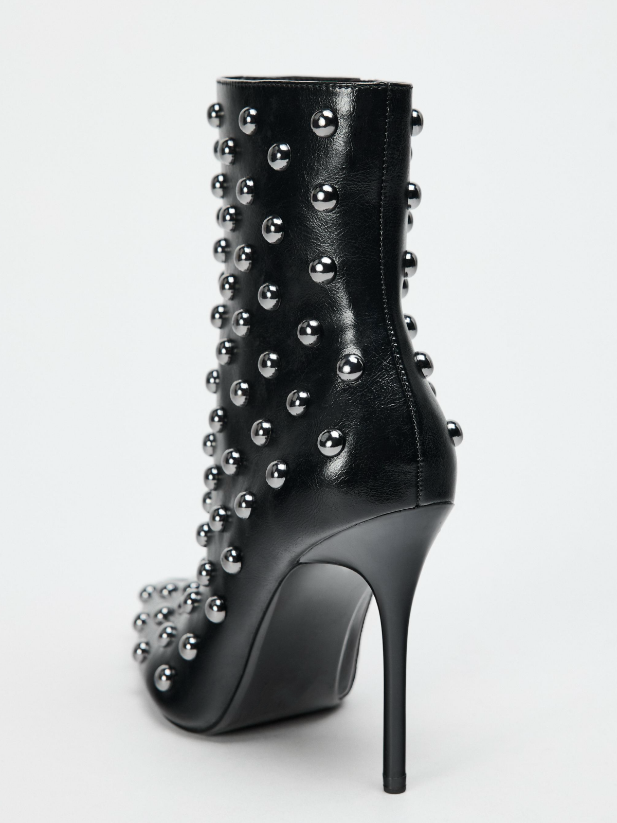 Black Pointed-Toe Studded Full-Zip Stiletto Ankle Booties