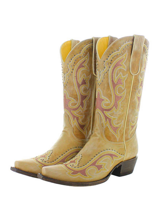 Bone Studded Snip-Toe Embroidery Wide Mid Calf Tall Cowgirl Boots