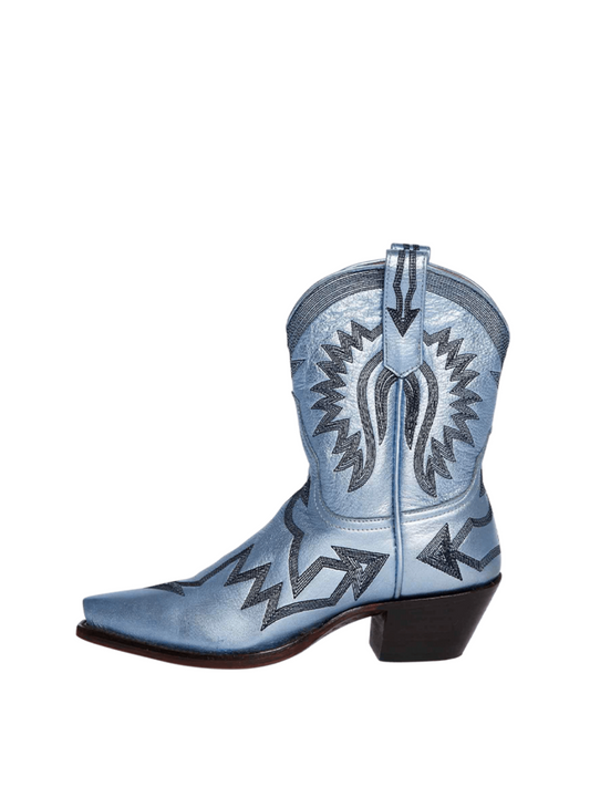 Metallic Embroidery Snip-Toe Cowgirl Ankle Boots - Light Blue