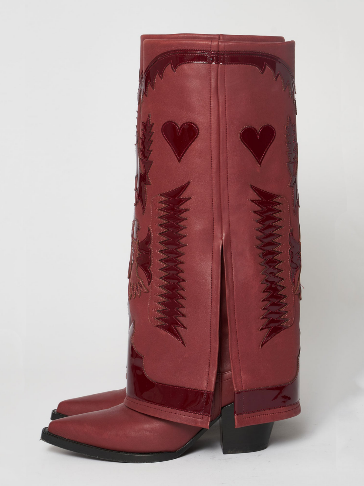 Fold-Over Panel Eagle And Heart Applique Snip-Toe Wide Mid Calf Boots - Burgundy