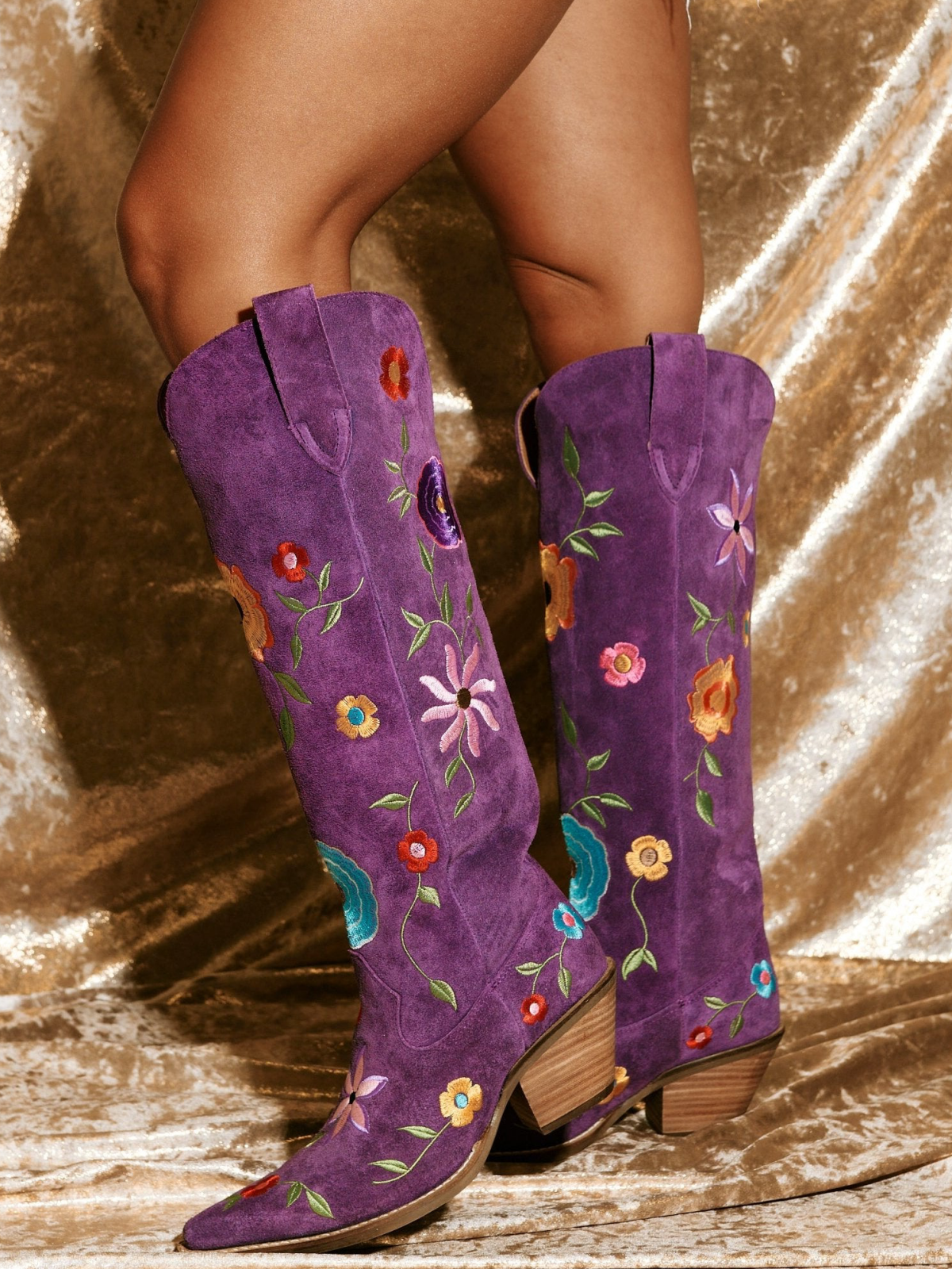 Colorful Floral Embroidery Faux Suede Snip-Toe Wide Mid Calf Cowgirl Boots - Purple