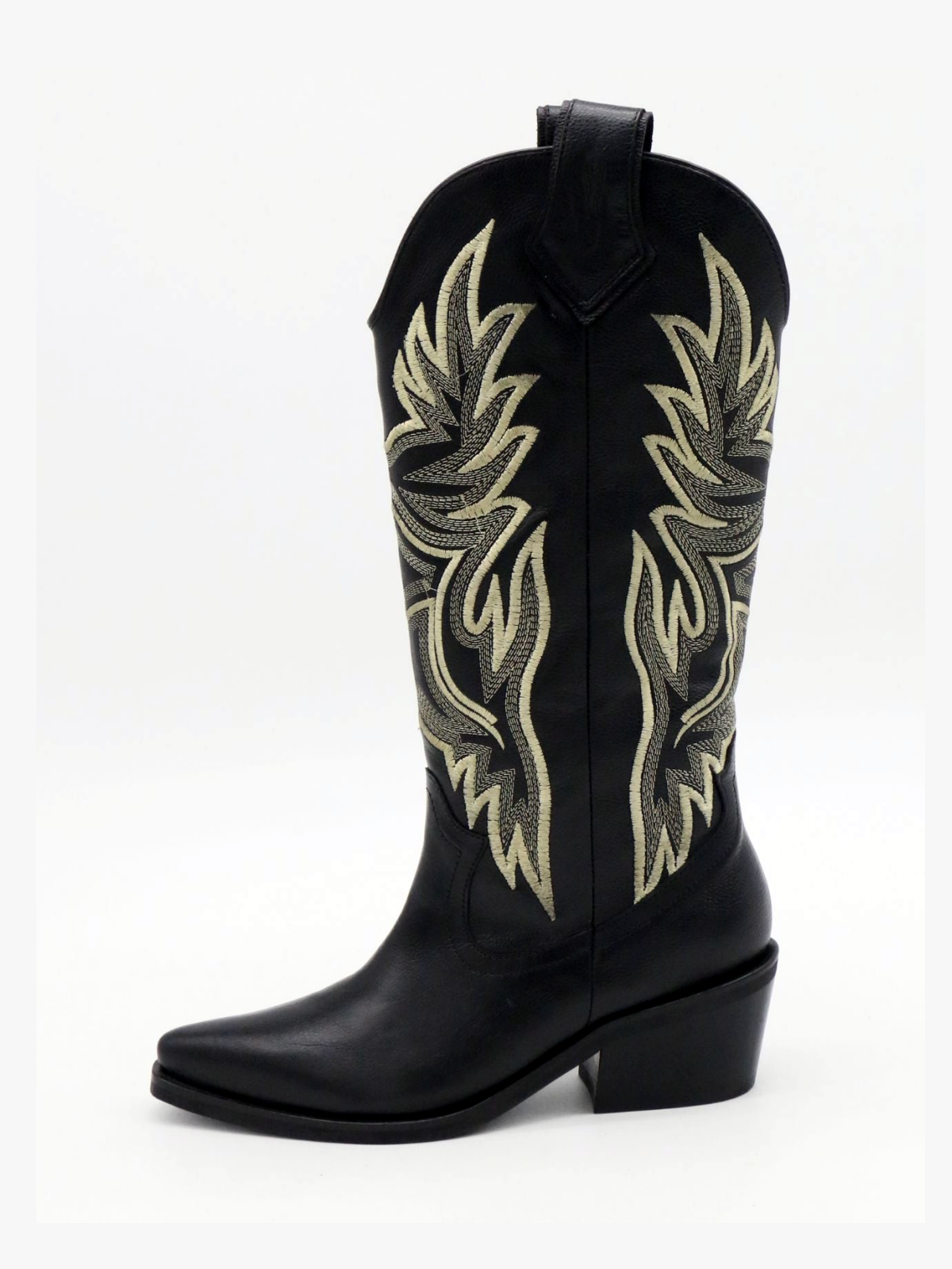 Black Vegan Leather Snip-Toe Embroidery Wide Mid Calf Tall Cowgirl Boots