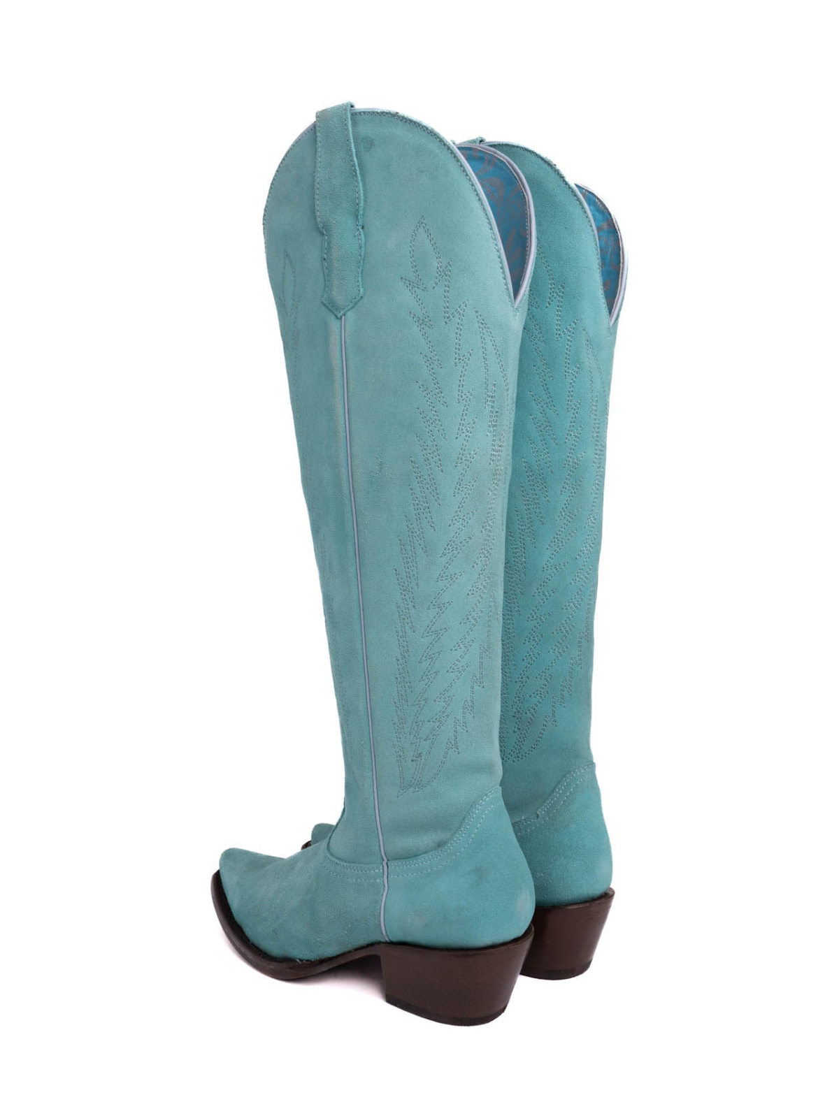 Faux Suede Snip-Toe Half-Zip Embroidery Knee High Tall Cowgirl Boots - Turquoise