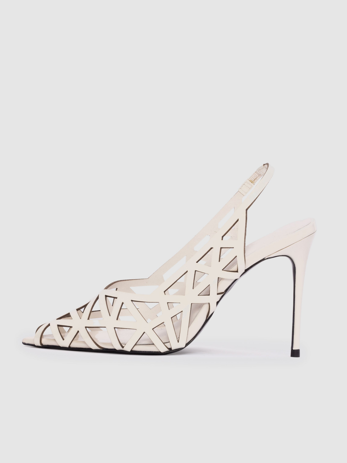 Patent Ivory Pointed-Toe Laser-Cut Slingback Pump High Heels