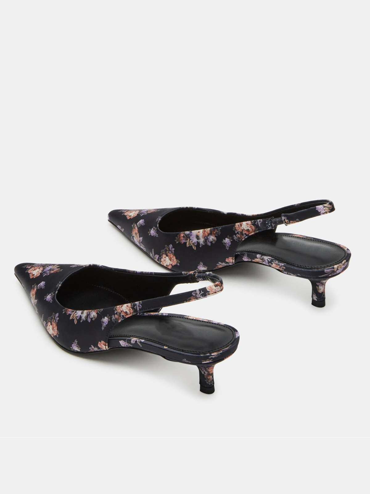 Dark Blue Floral Silk Fabric Pointed-Toe Slingback Strap Kitten Heels