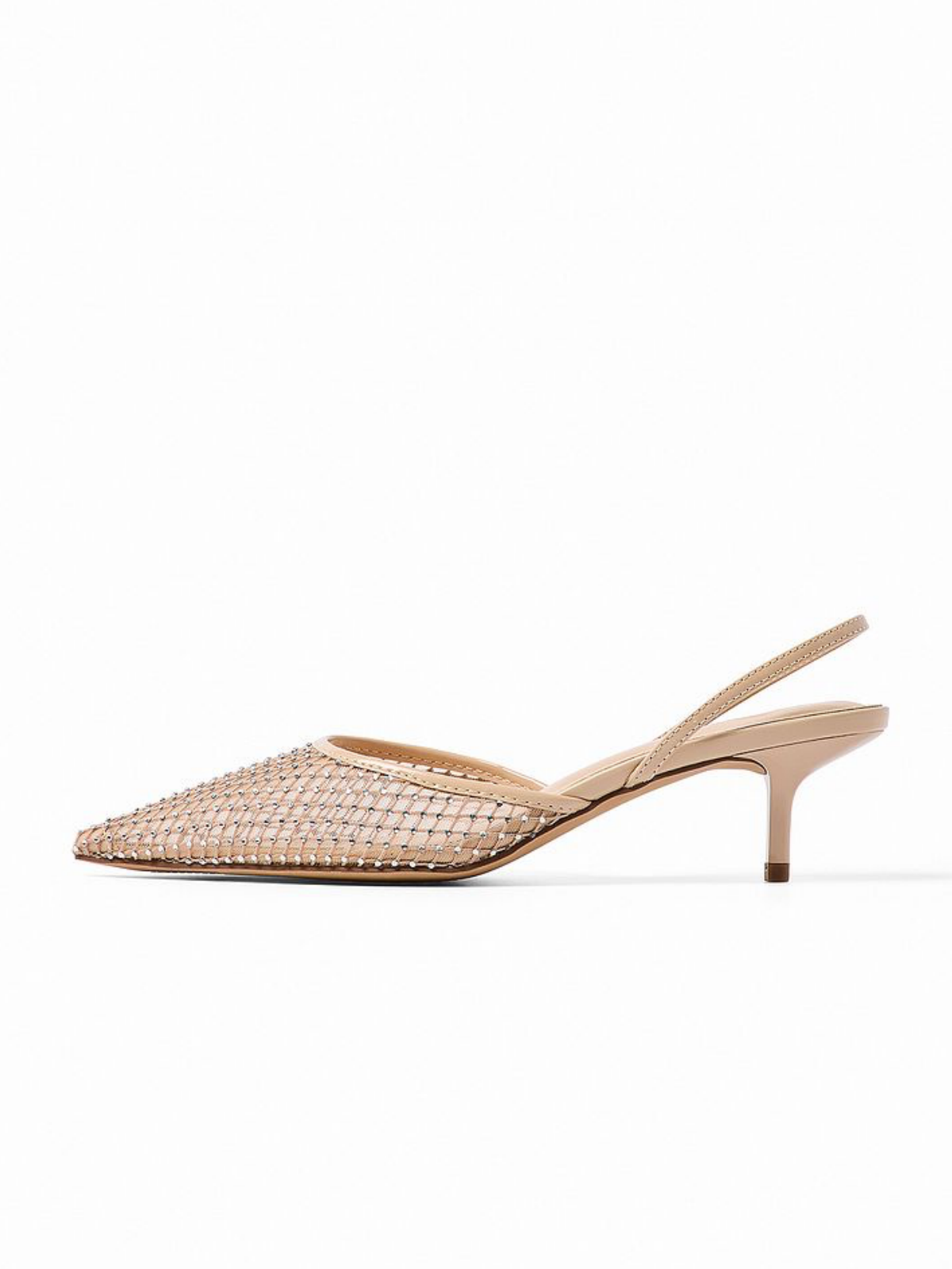 Beige Rhinestone Mesh Pointed-Toe Slingback Pump Kitten Heels