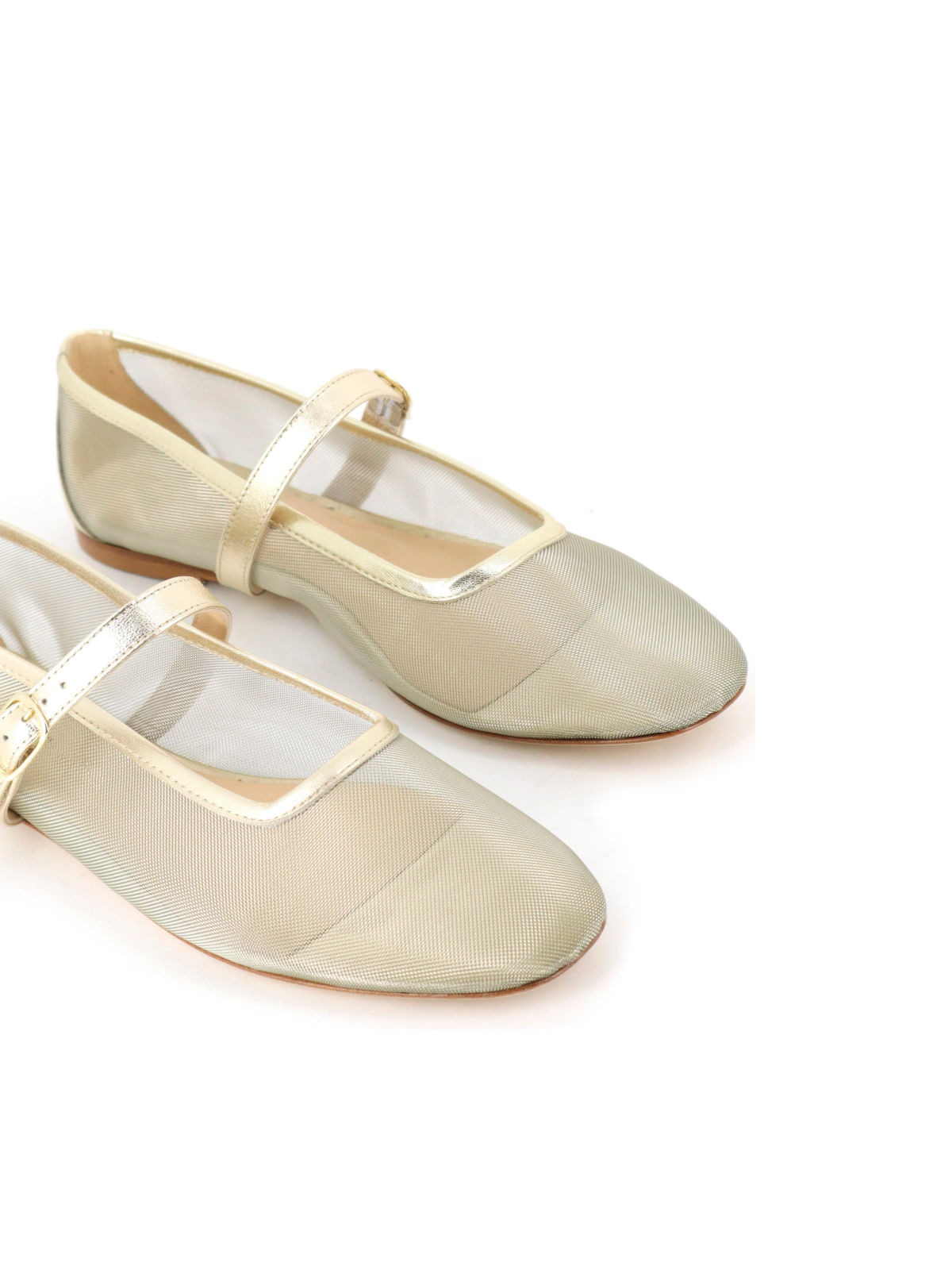 Metallic Round-Toe Ballet Flats Mary Janes with Adjustable Strap in Gold Mesh