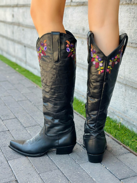 Distressed Black Snip-Toe Colorful Floral Embroidery Half-Zip Tall Knee High Cowgirl Boots