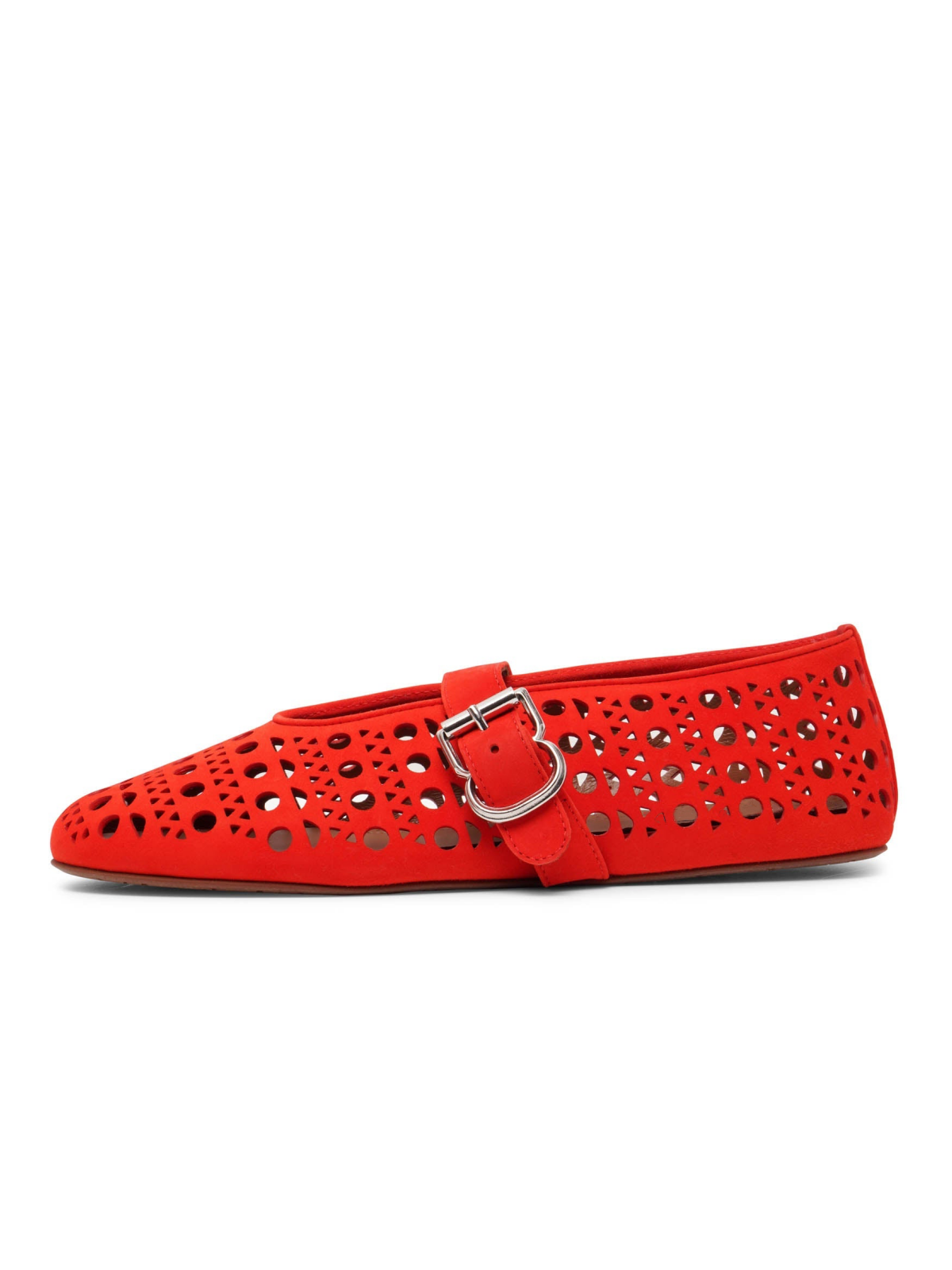 Red Ballet Flats Mary Janes With Perforations And Buckled Strap