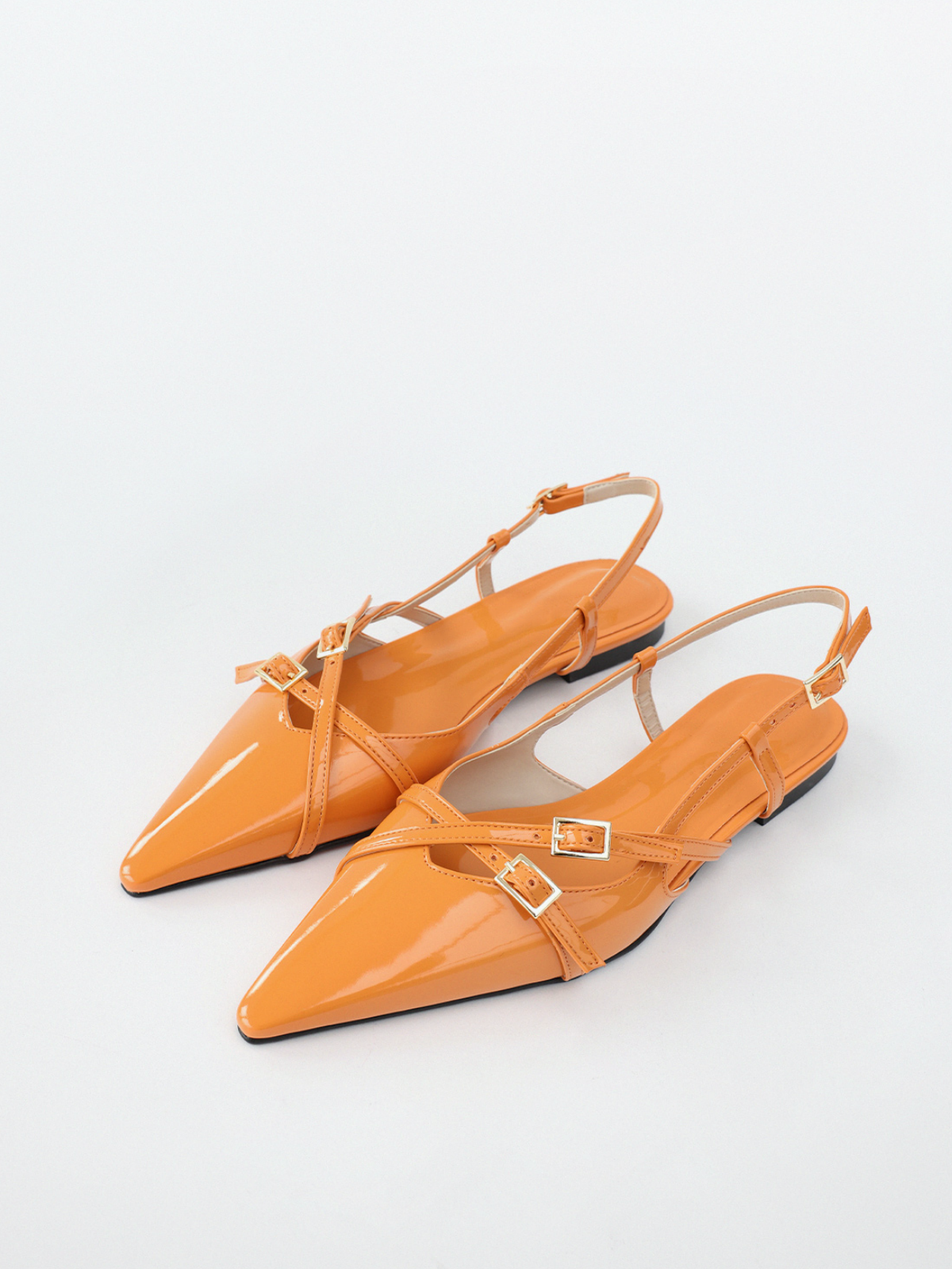 Orange Patent Buckle Detailed Pointy-Toe Ballet Flats Slingbacks