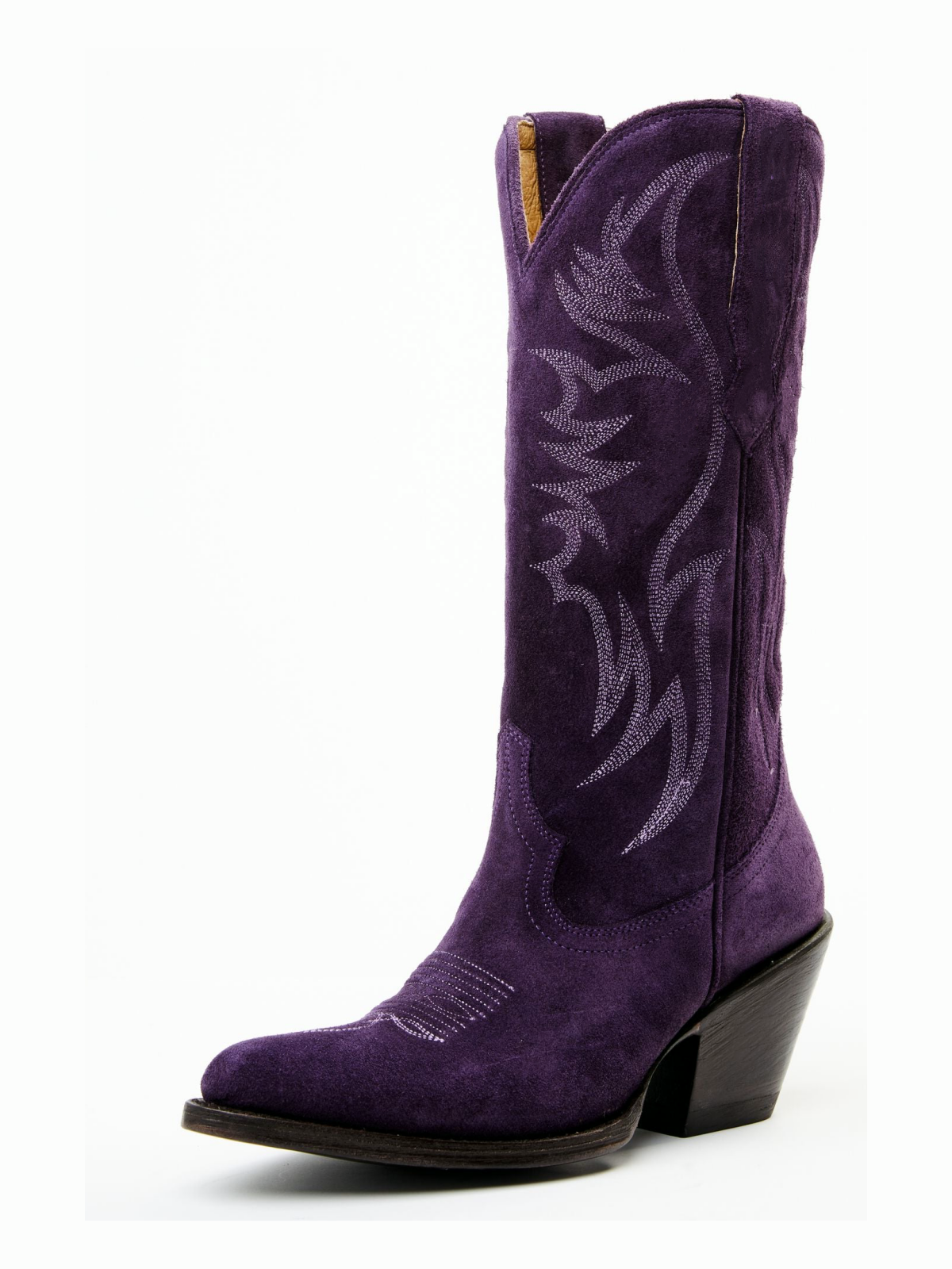 Faux Suede Wings Embroidery Pointed-Toe Wide Mid Calf Tall Cowgirl Boots - Purple