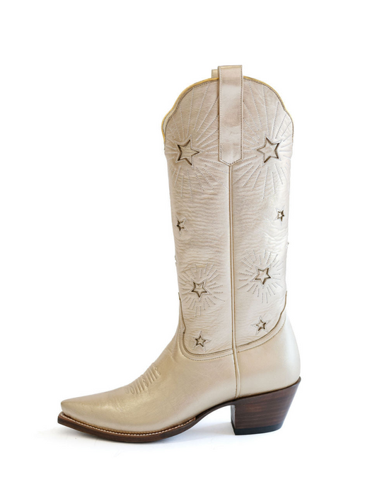 Metallic Gold Snip-Toe Wide Mid Calf Cowgirl Boots With Stars Inlay