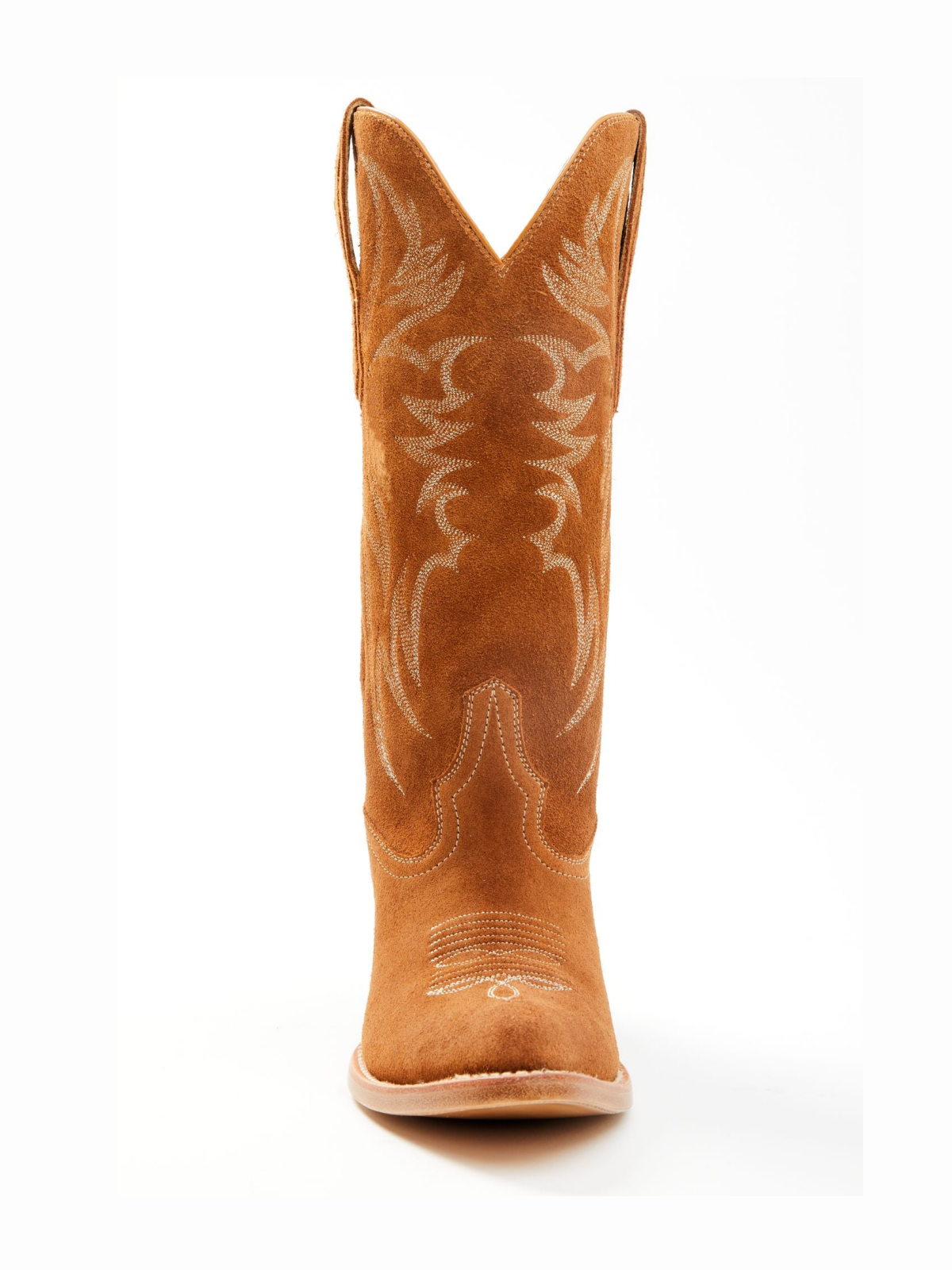 Faux Suede Wings Embroidery Pointed-Toe Wide Mid Calf Tall Cowgirl Boots - Cognac