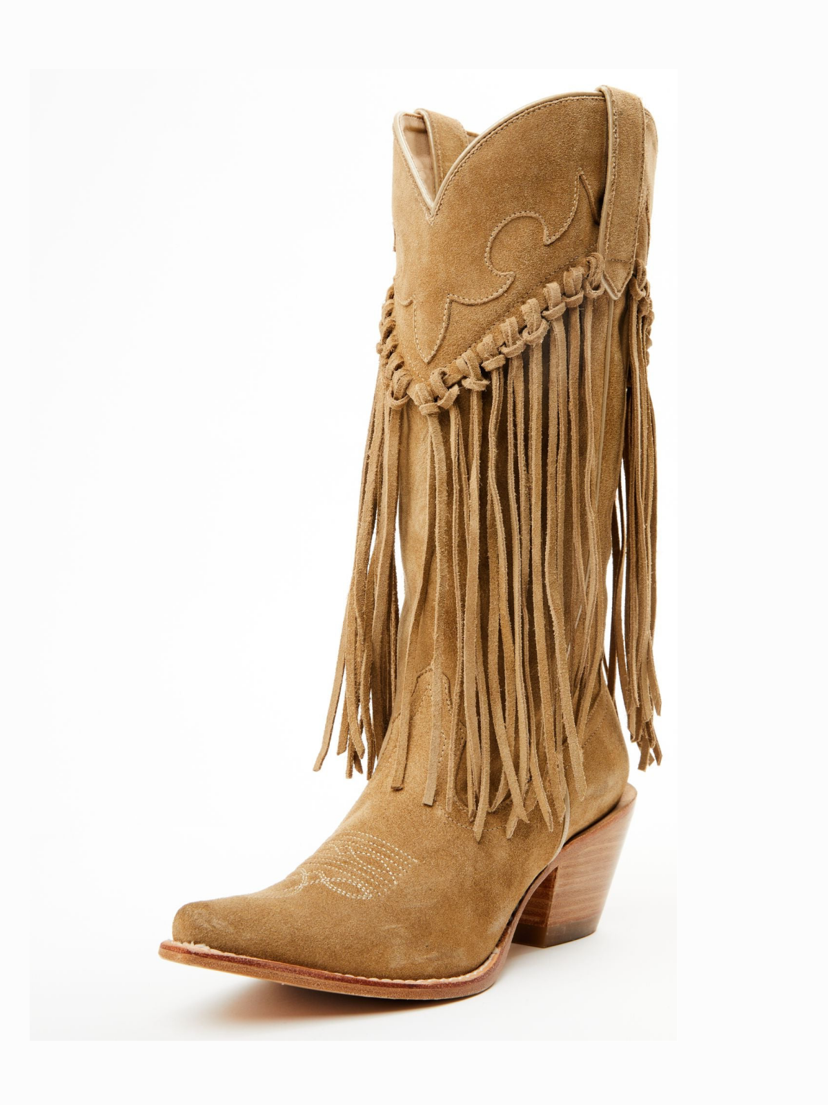 Tan Faux Suede Snip-Toe Fringe Wide Mid Calf Cowgirl Boots