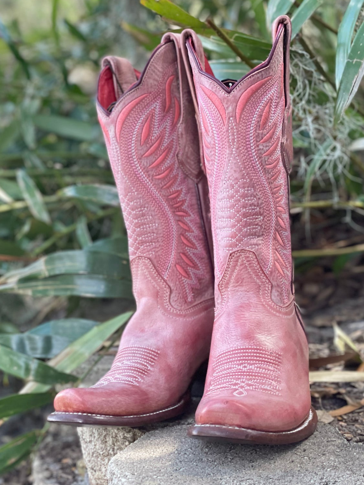 Pink Square-Toe Embroidery Wide Mid Calf Cowgirl Boots