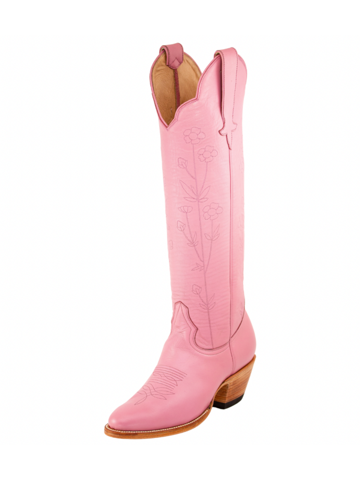 Almond-Toe Floral And Leaf Embroidery Wide Calf Knee High Cowgirl Boots - Pink