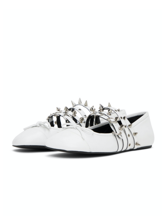 White Bow Spike Strappy Square-Toe Ballet Flats Mary Janes