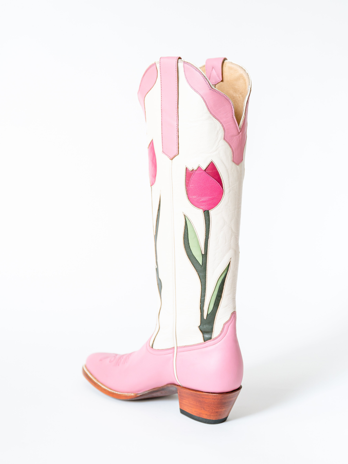 Contrast Pink And Ivory Almond-Toe Tulip Inlay Wide Calf Knee High Cowgirl Boots