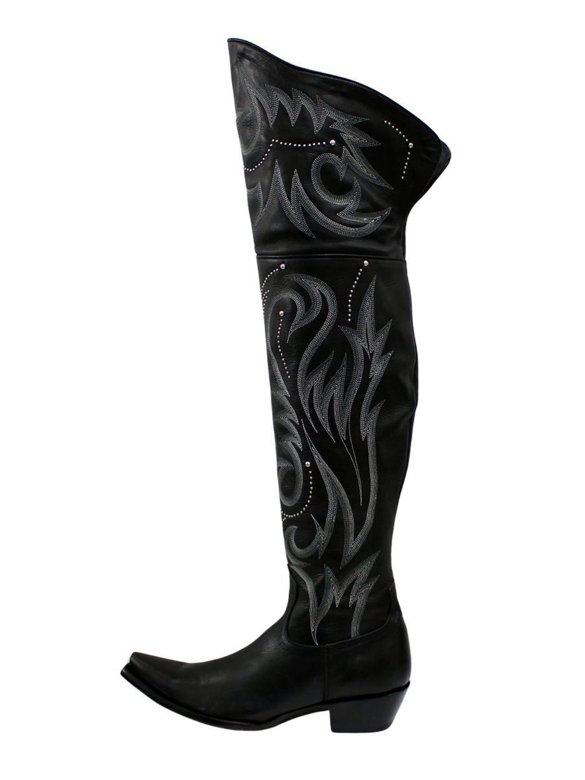 Black Snip-Toe Studded Embroidery Half-Zip Over-The-Knee Cowgirl Boots