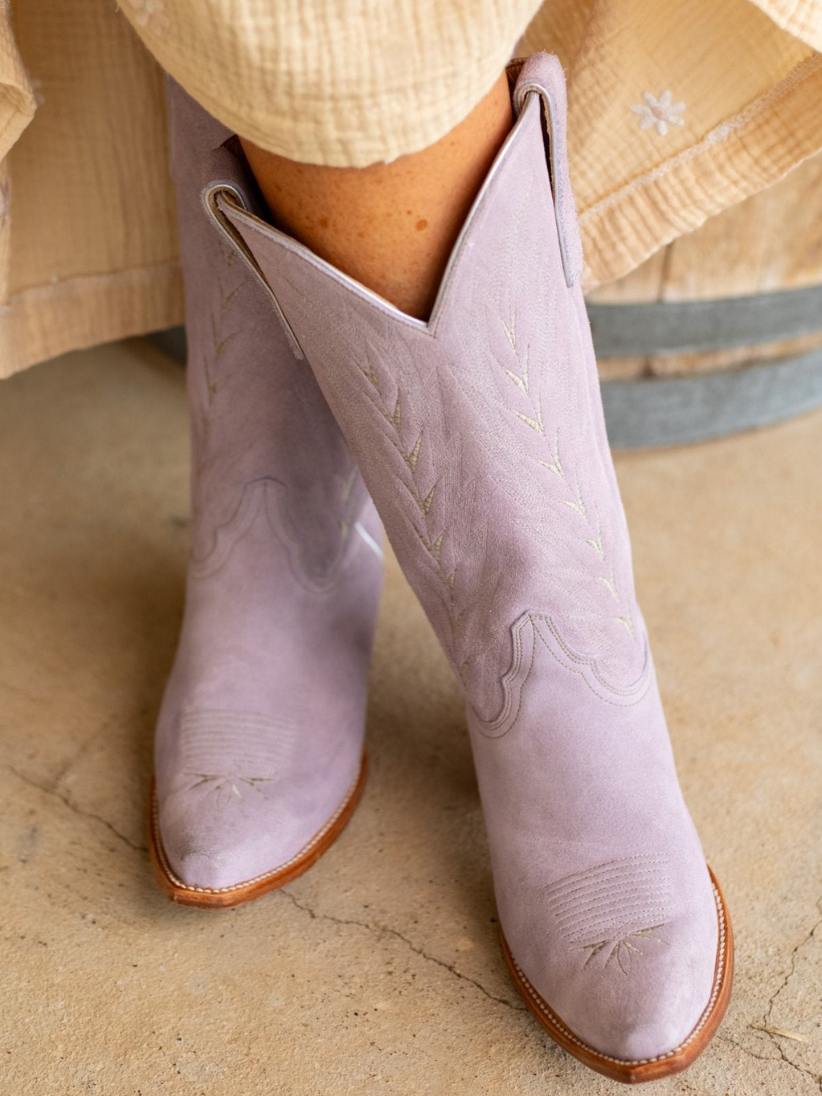 Lilac Purple Faux Suede Embroidery Snip-Toe Wide Mid Calf Tall Cowgirl Boots