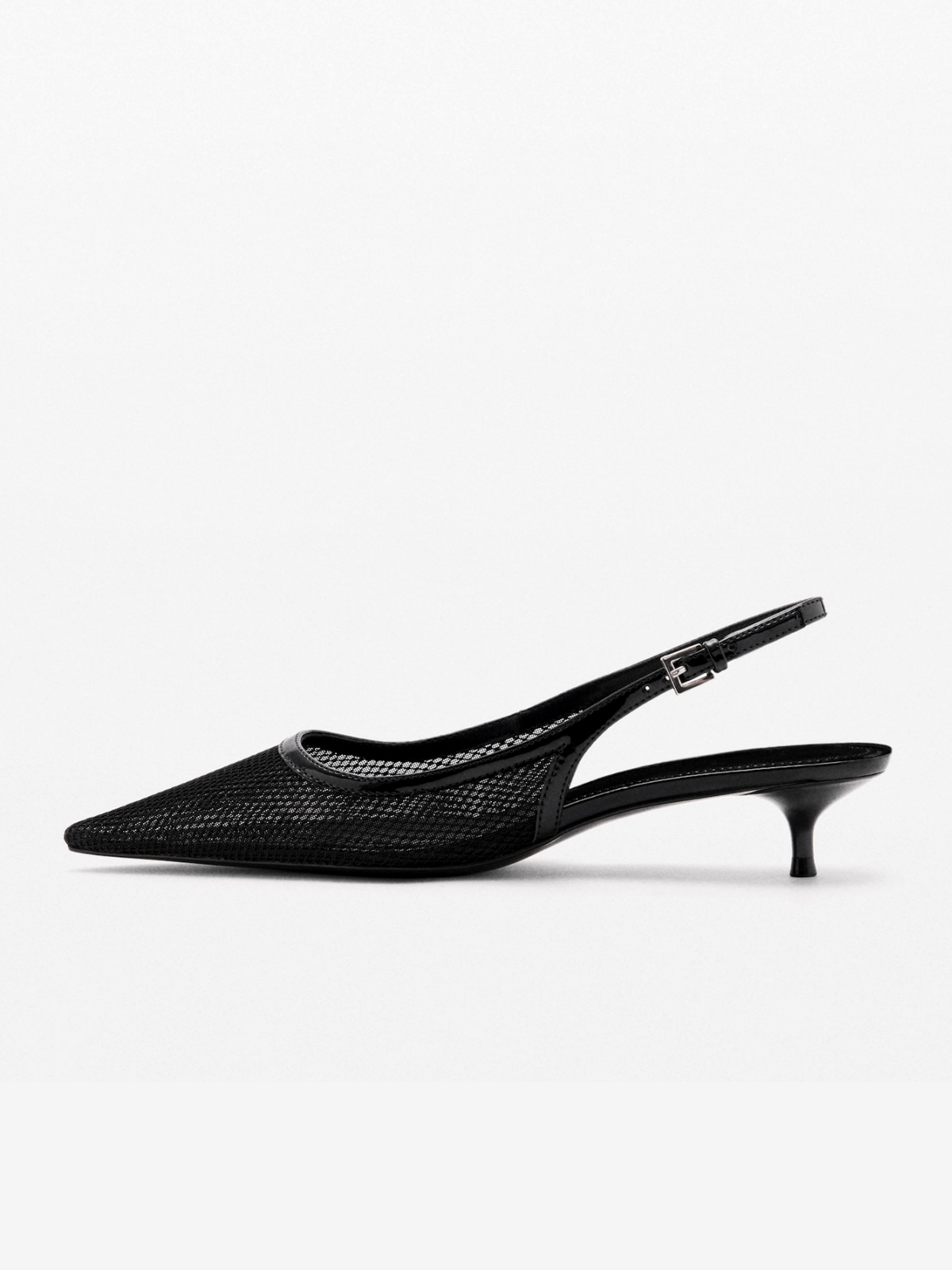 Black Pointed-Toe Slingback Buckle Mesh Kitten Heels