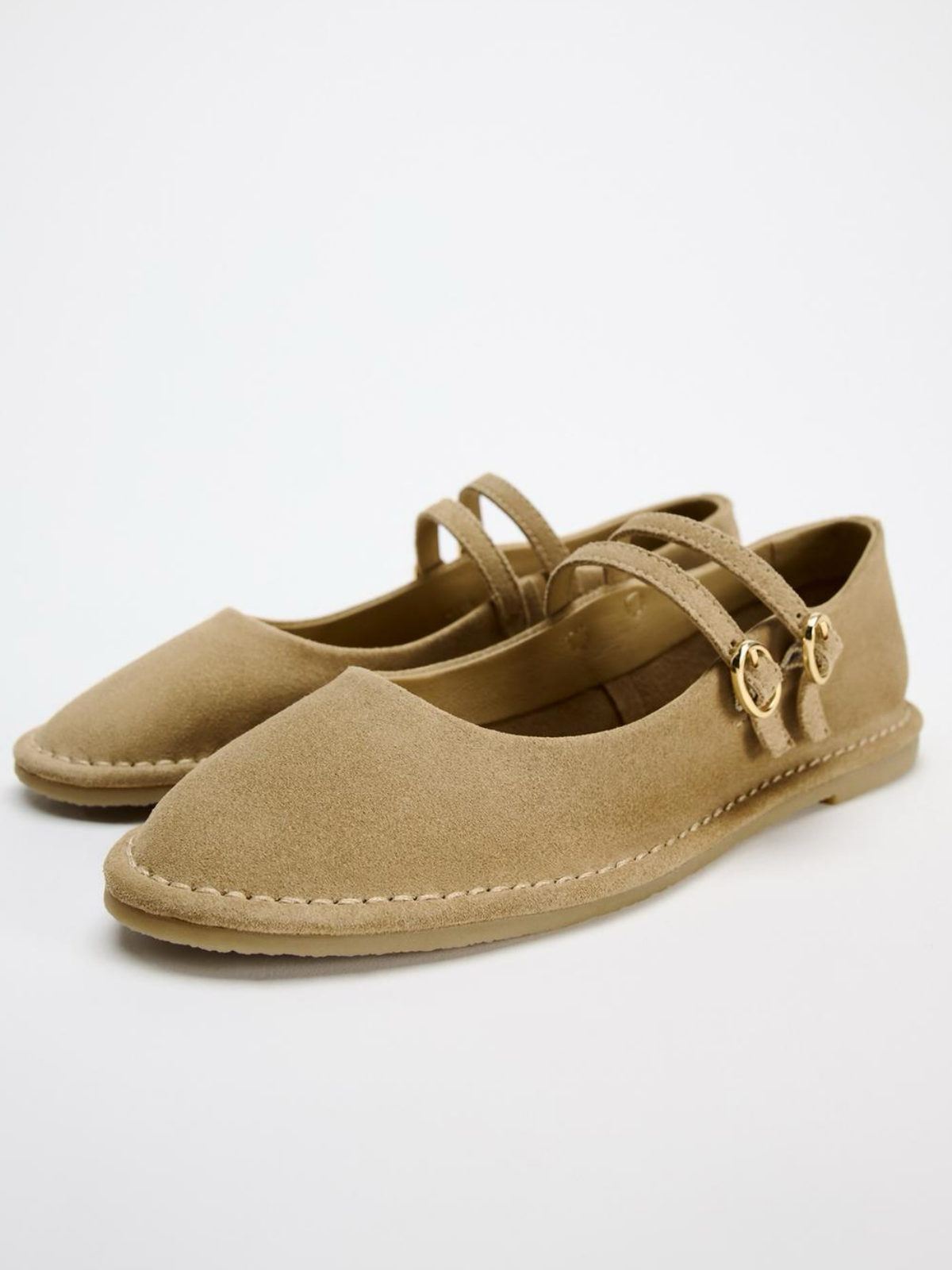 Sand Faux Suede Round-Toe Double Buckle Ballet Flats