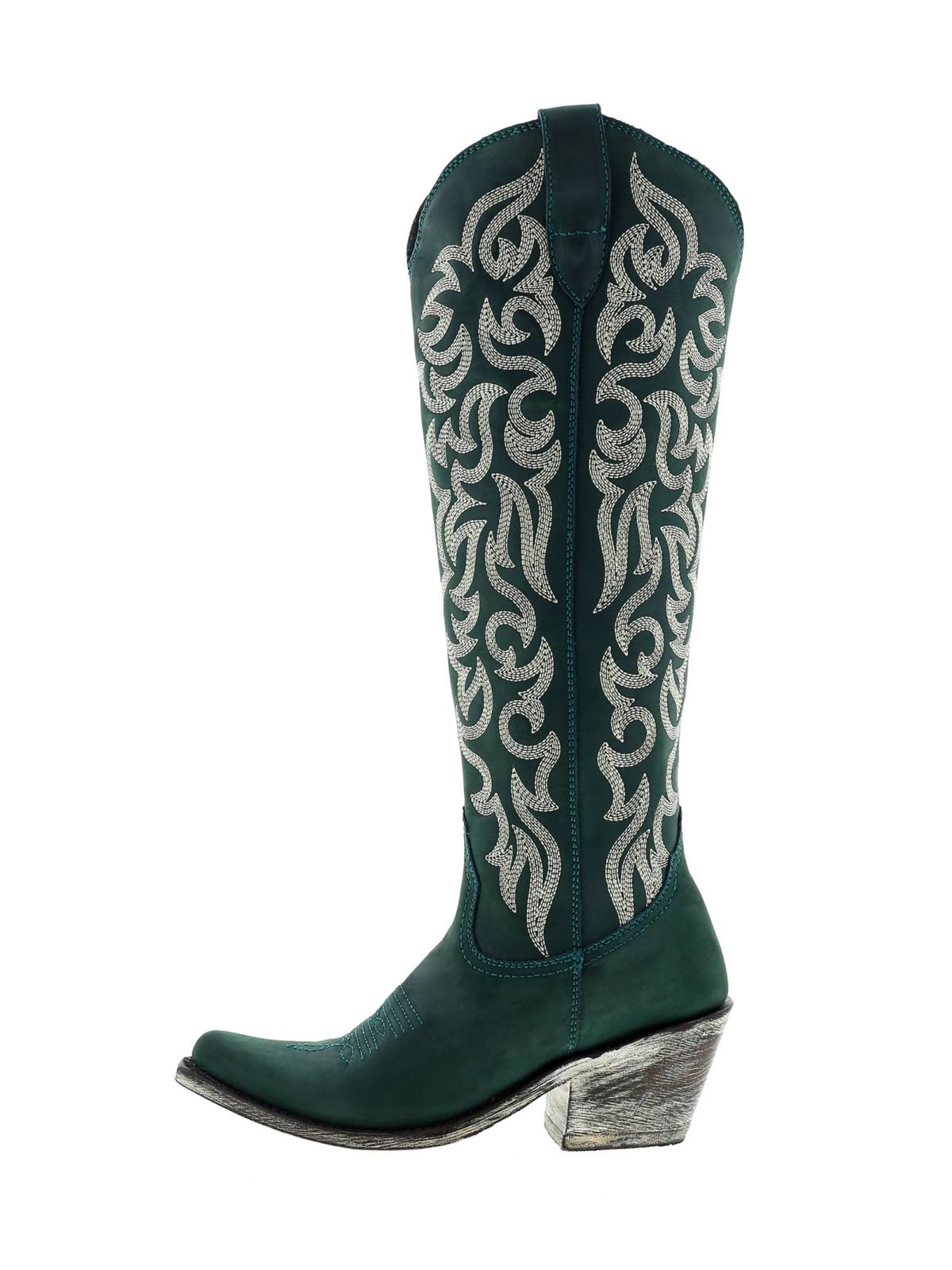 Embroidery Almond-Toe Full-Zip Knee High Tall Cowgirl Boots - Black