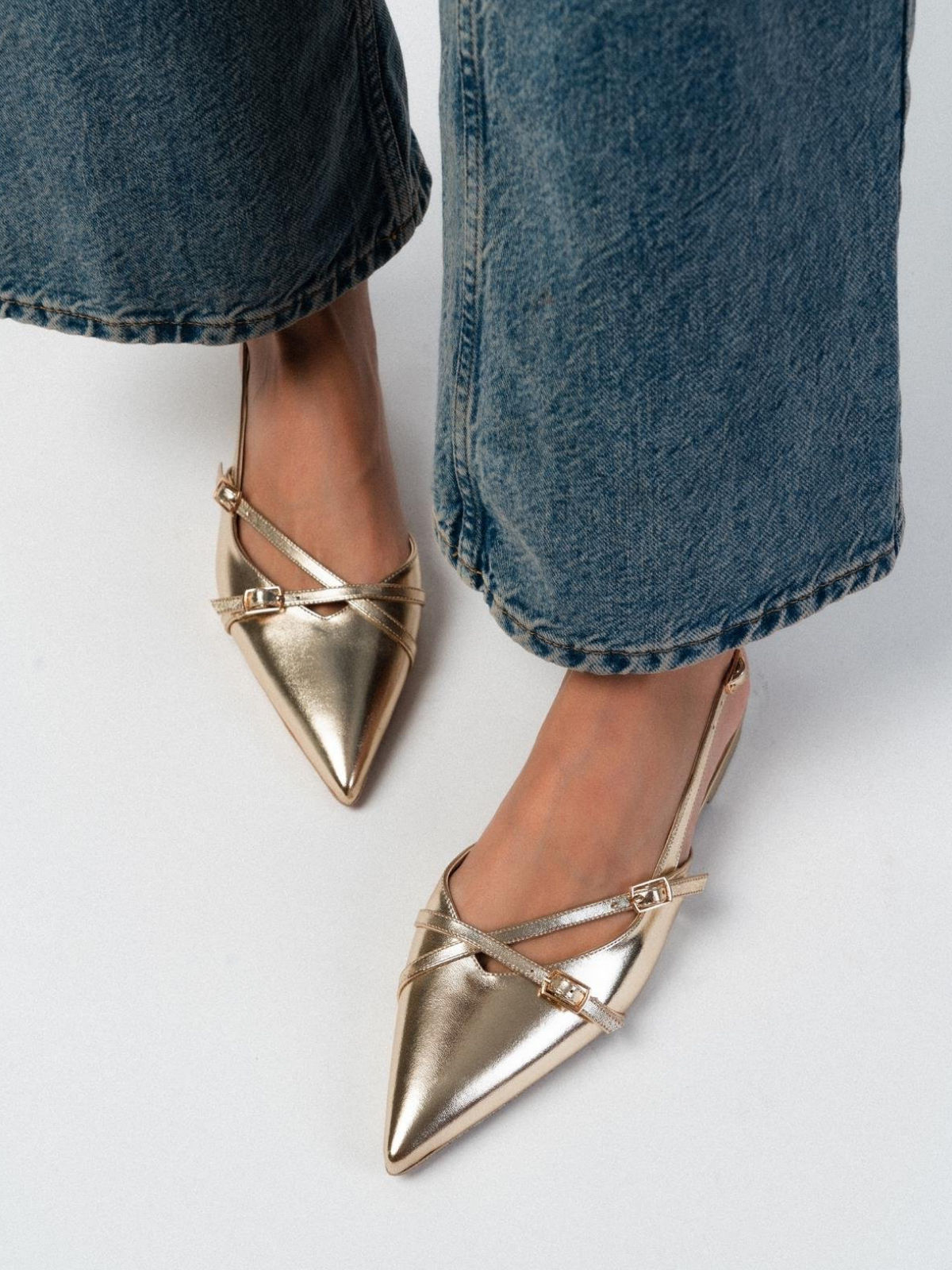 Metallic Gold Buckled Belt Detail Pointy Ballet Flats Slingbacks