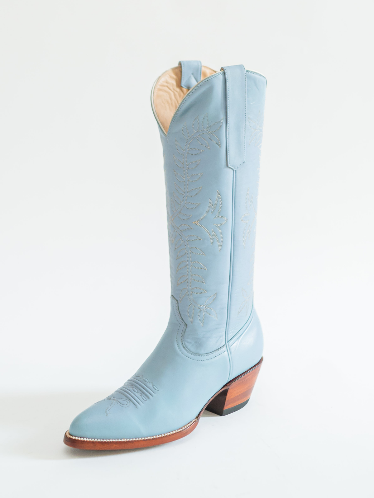 Leaves Embroidery Almond-Toe Wide Mid Calf Cowgirl Boots - Powder Blue