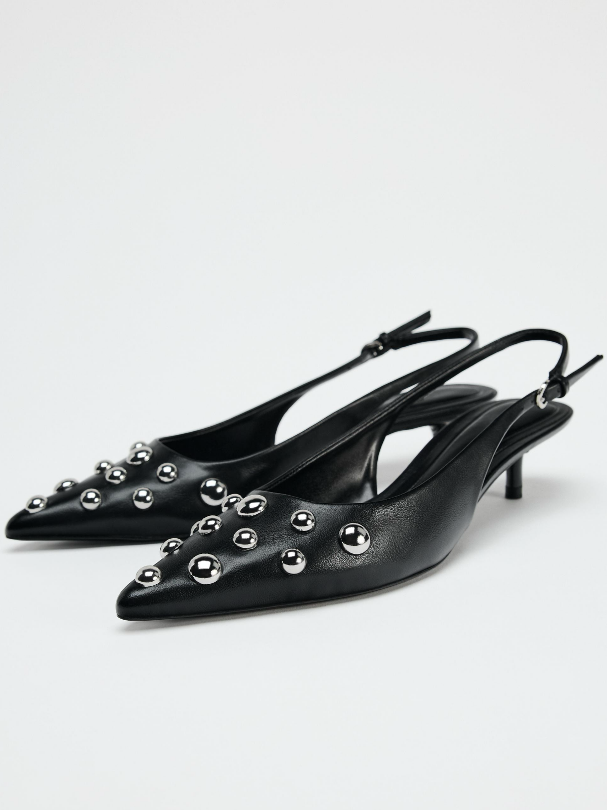 Black Pointed-Toe Slingback Pump Kitten Heels With Big Studs