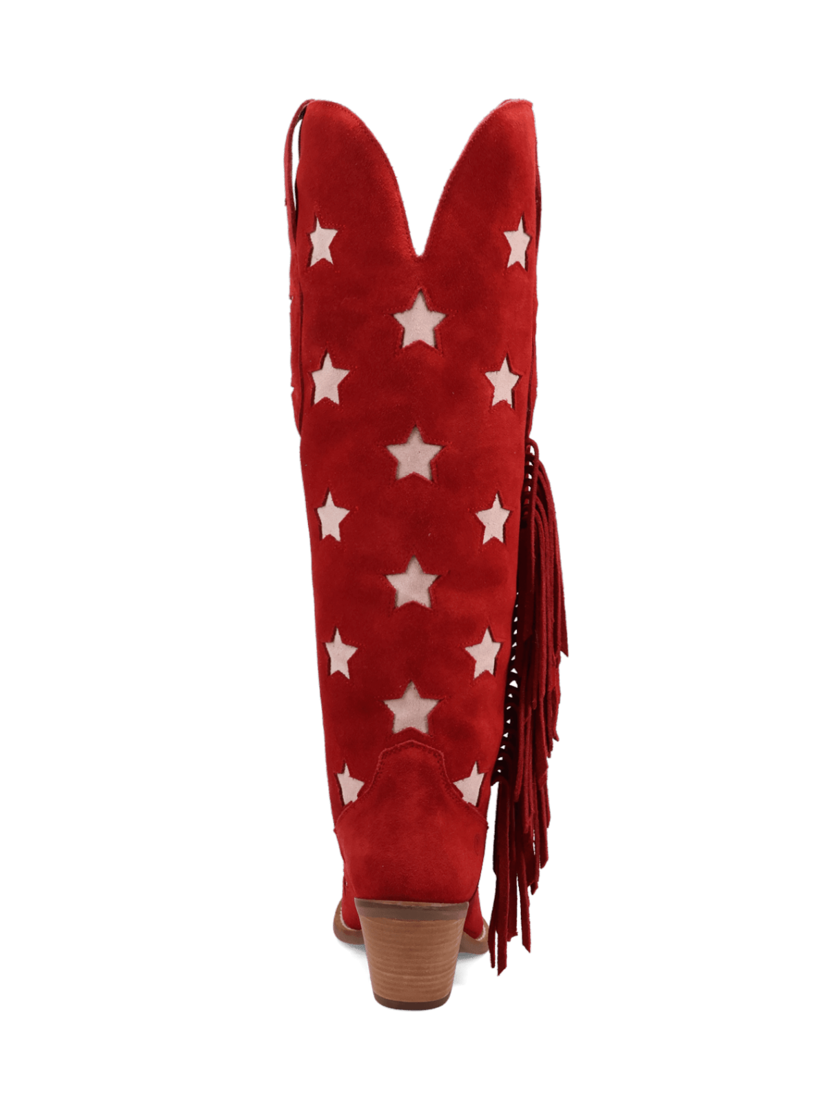 Red Faux Suede Snip-Toe Fringe Star Inlay Wide Calf Knee High Tall Cowgirl Boots