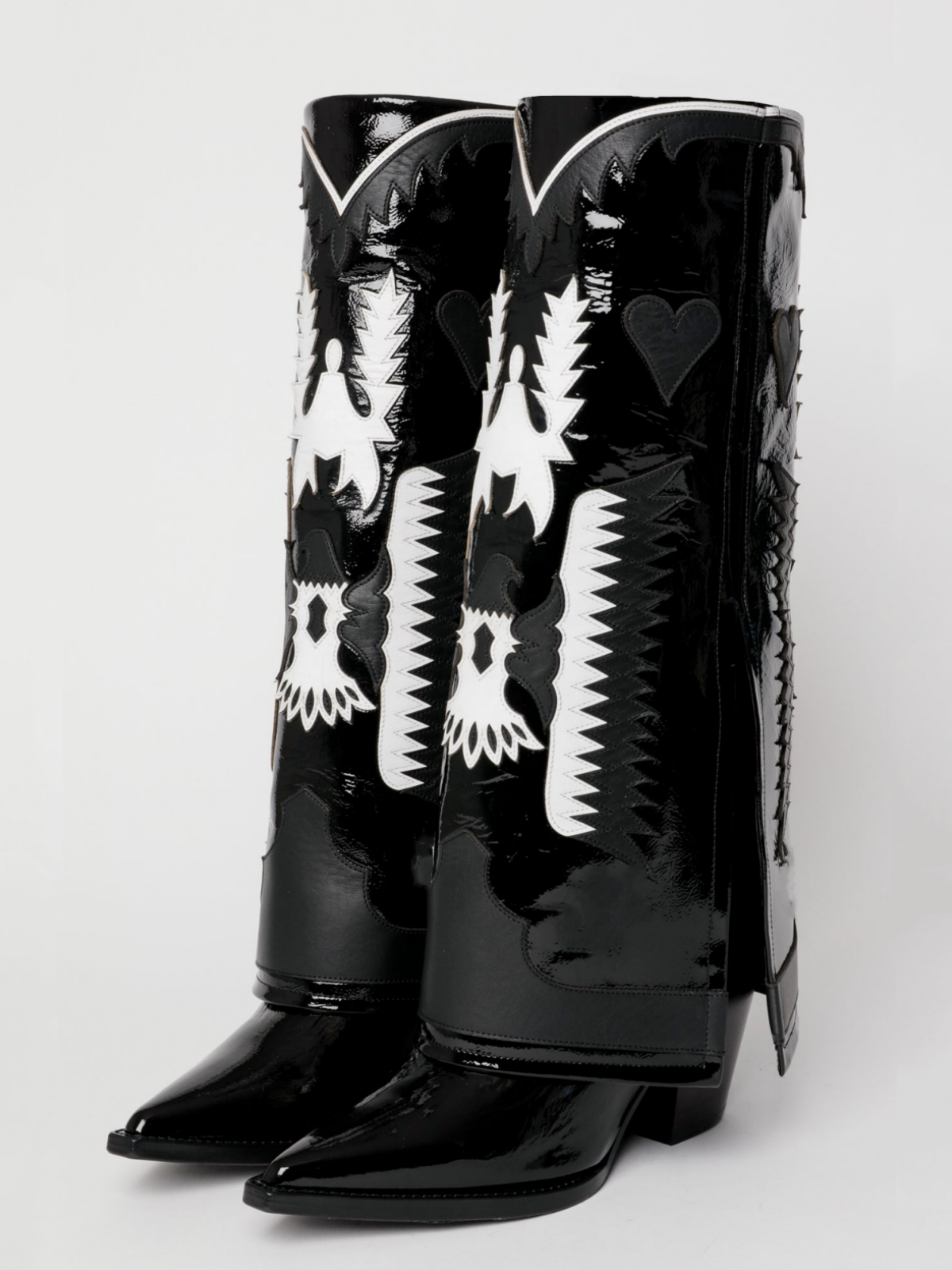 Fold-Over Panel Eagle And Heart Applique Snip-Toe Wide Mid Calf Boots - Patent Black